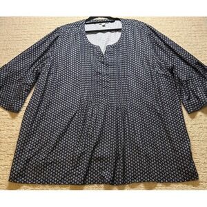 Catherines Blouse Women 3X Navy Blue  Geometric Pintuck Henley